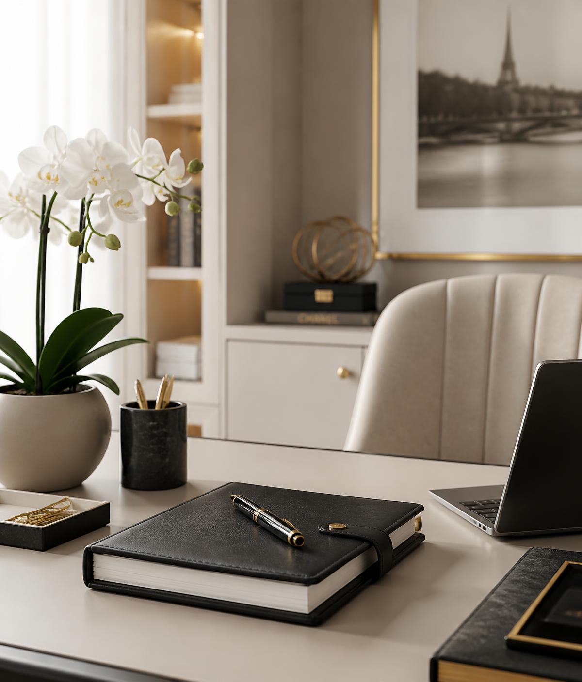 An organized executive desk with a leather planner, fountain pen and laptop in a softly lit ivory office